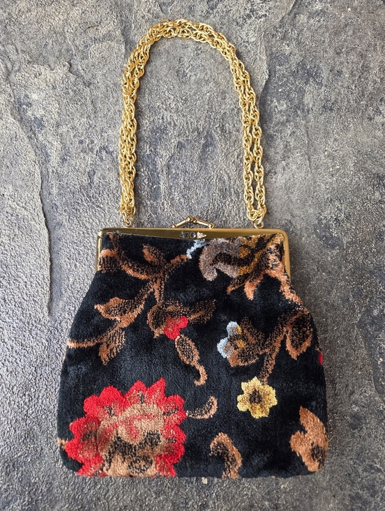 Vintage Handbags - Gold-Handle Black Floral Chenille Velvet Carpet Evening Bag